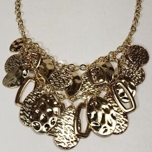 Polished  Gold tone Layered Textured, Hammered Discs Hoops Charms Necklace